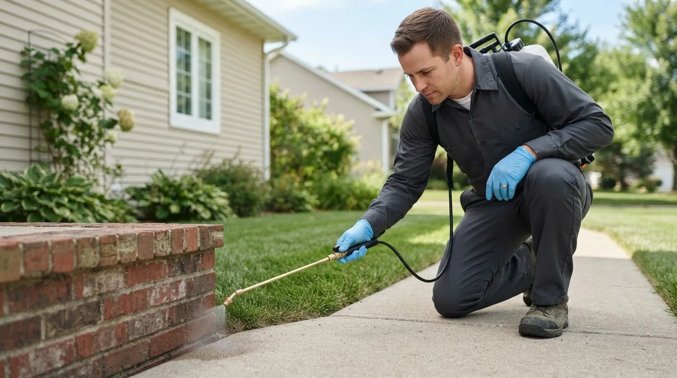Pest control technician treating a home near Winchester, IL